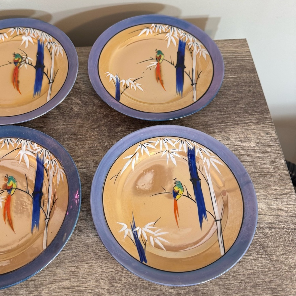 Antique Set of 6 Nippon Lusterware Plates 7” Bird Japan Bamboo Hand Painted - Picture 9 of 14